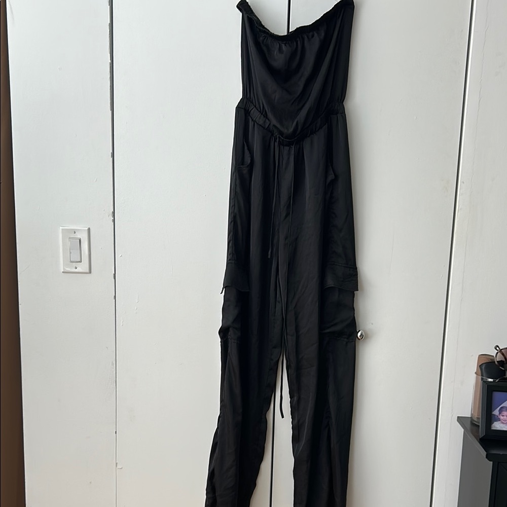 Sleek Satin Black Strapless Jumpsuit